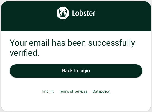 Confirmation message indicating successful email verification with a login button.